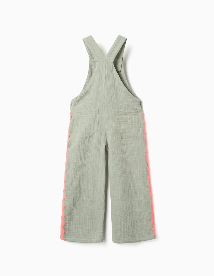 Cotton dungarees with ric rac tape for girls, green/neon coral