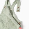 Cotton dungarees with ric rac tape for girls, green/neon coral