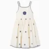 Sleeveless dress in cotton and linen with flowers for girls, beige/blue