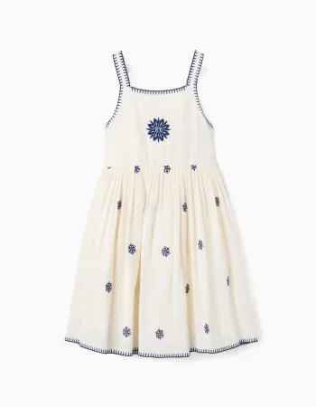 Sleeveless dress in cotton and linen with flowers for girls, beige/blue