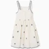 Sleeveless dress in cotton and linen with flowers for girls, beige/blue