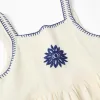 Sleeveless dress in cotton and linen with flowers for girls, beige/blue