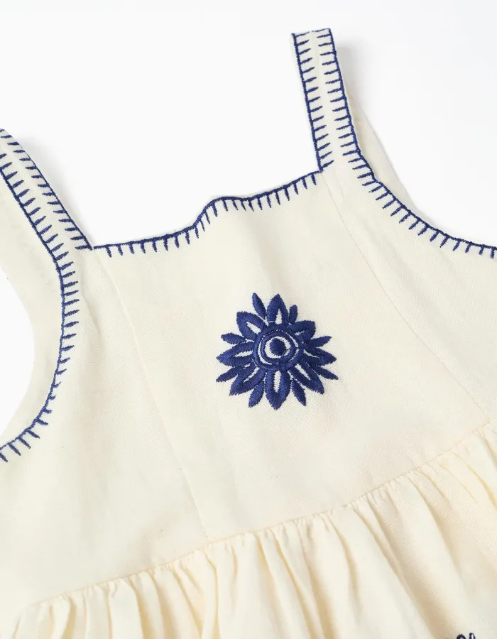 Sleeveless dress in cotton and linen with flowers for girls, beige/blue
