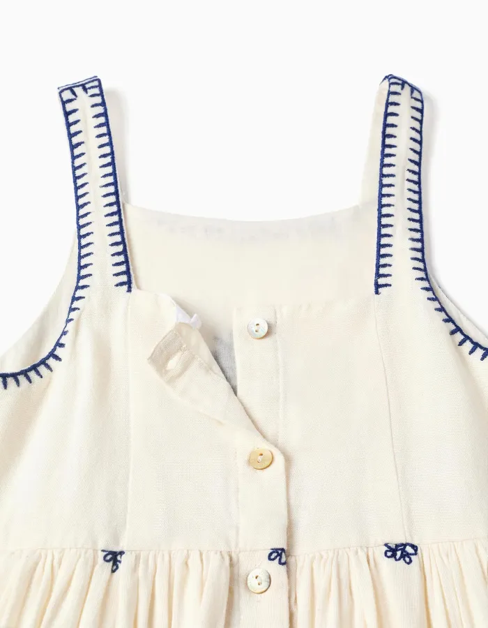 Sleeveless dress in cotton and linen with flowers for girls, beige/blue
