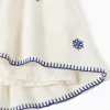 Sleeveless dress in cotton and linen with flowers for girls, beige/blue