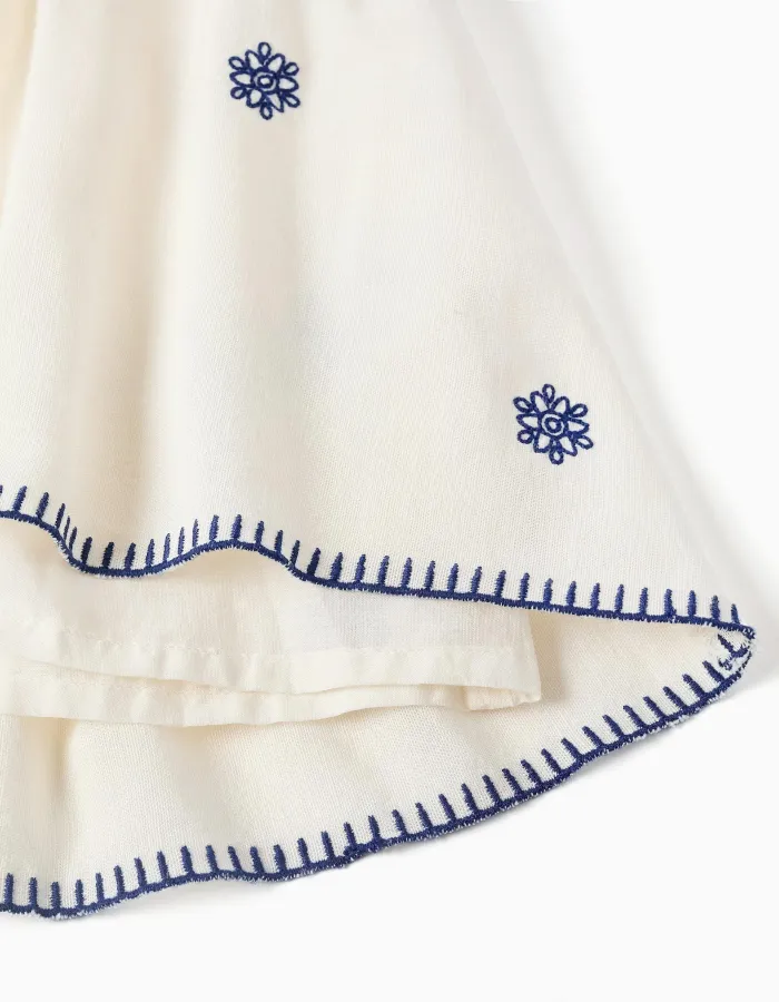 Sleeveless dress in cotton and linen with flowers for girls, beige/blue