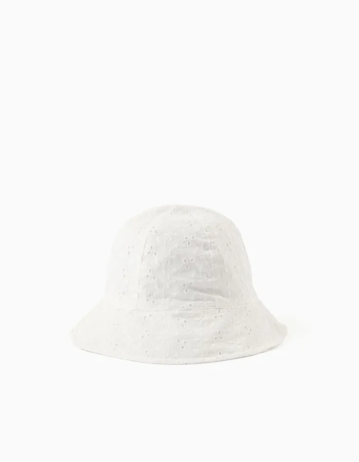 Cotton hat with broderie anglaise for babies and girls, light beige