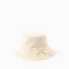 Twill bucket hat with applied bow for babies and girls, light beige