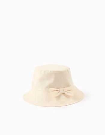 Twill bucket hat with applied bow for babies and girls, light beige