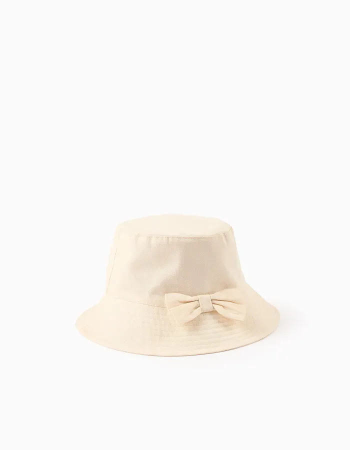 Twill bucket hat with applied bow for babies and girls, light beige