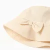Twill bucket hat with applied bow for babies and girls, light beige