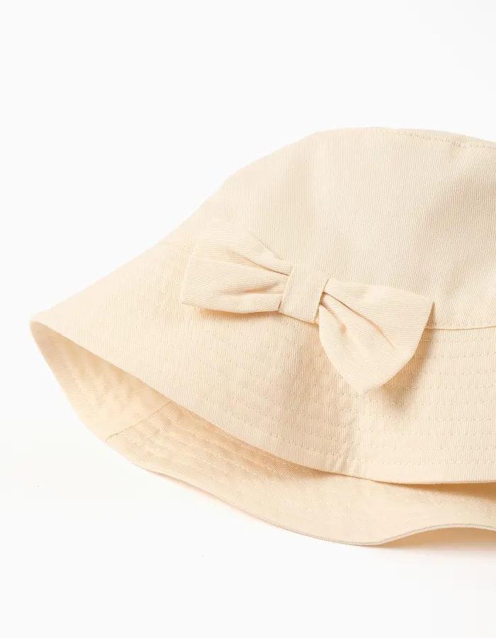 Twill bucket hat with applied bow for babies and girls, light beige