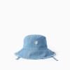 Denim bucket hat with embroidered flower for babies and girls, blue
