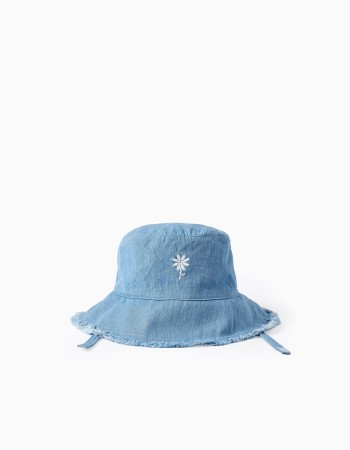 Denim bucket hat with embroidered flower for babies and girls, blue