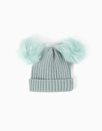 Ribbed knit beanie with pompons for girls, green