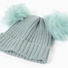 Ribbed knit beanie with pompons for girls, green