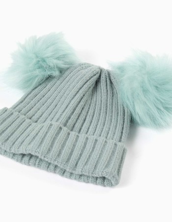 Ribbed knit beanie with pompons for girls, green