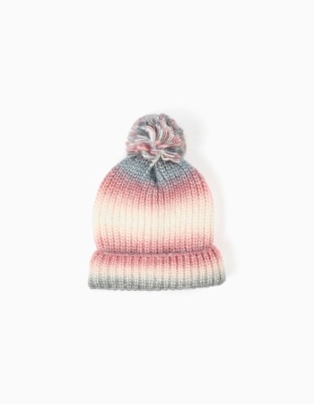 Knitted beanie with gradient effect and pompon for girls, multicolour