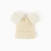 Ribbed knit beanie with pompons for girls, white