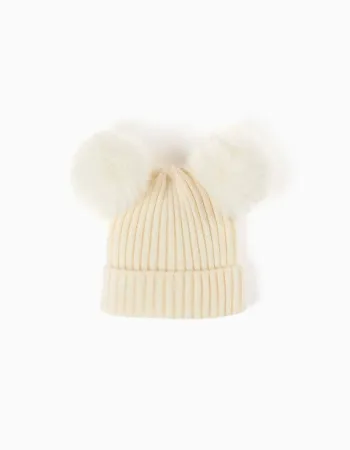 Ribbed knit beanie with pompons for girls, white