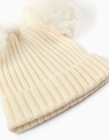 Ribbed knit beanie with pompons for girls, white