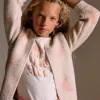Long knitted jacket with lurex and embroidery for girls, beige/pink