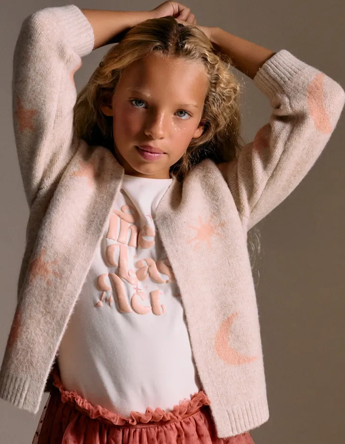 Long knitted jacket with lurex and embroidery for girls, beige/pink