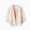 Long knitted jacket with lurex and embroidery for girls, beige/pink