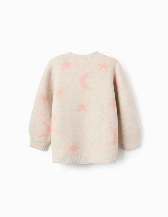 Long knitted jacket with lurex and embroidery for girls, beige/pink