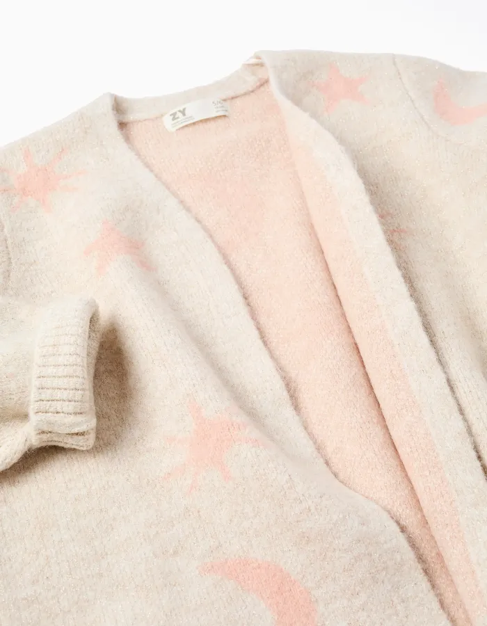 Long knitted jacket with lurex and embroidery for girls, beige/pink