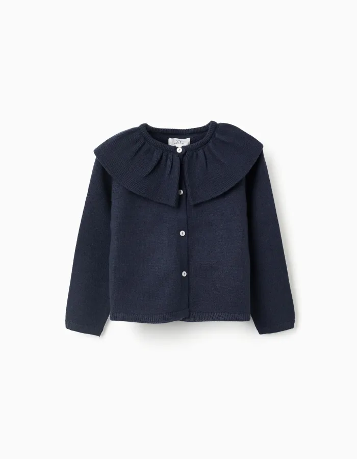 Knit cardigan with ruffled maxi collar for girls, dark blue