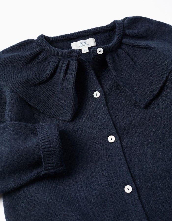 Knit cardigan with ruffled maxi collar for girls, dark blue