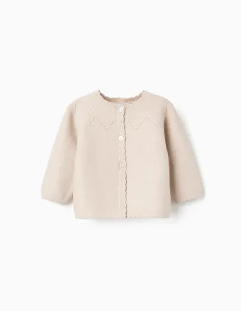 Knitted jacket with wavy ends You&Me for newborn girls, beige