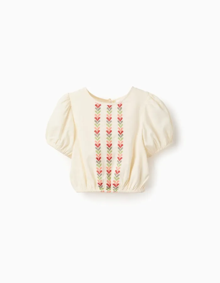 Blouse with balloon sleeves and embroidery for girls, light beige