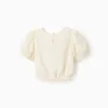 Blouse with balloon sleeves and embroidery for girls, light beige