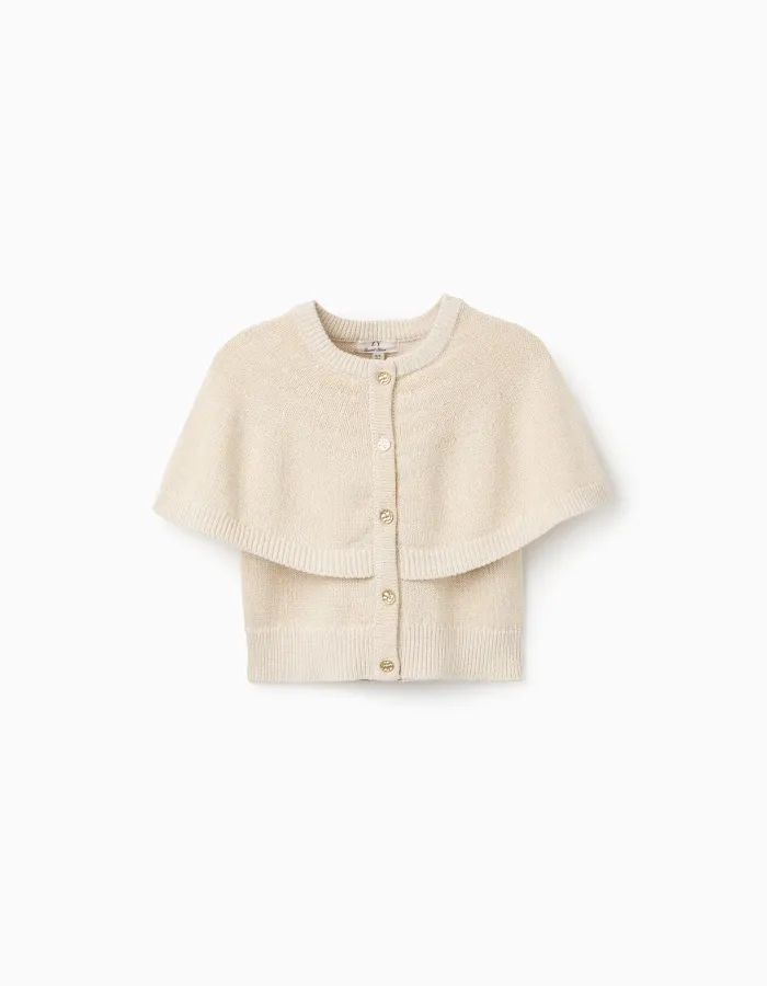 Knitted cardigan with cape sleeves and lurex for girls, beige