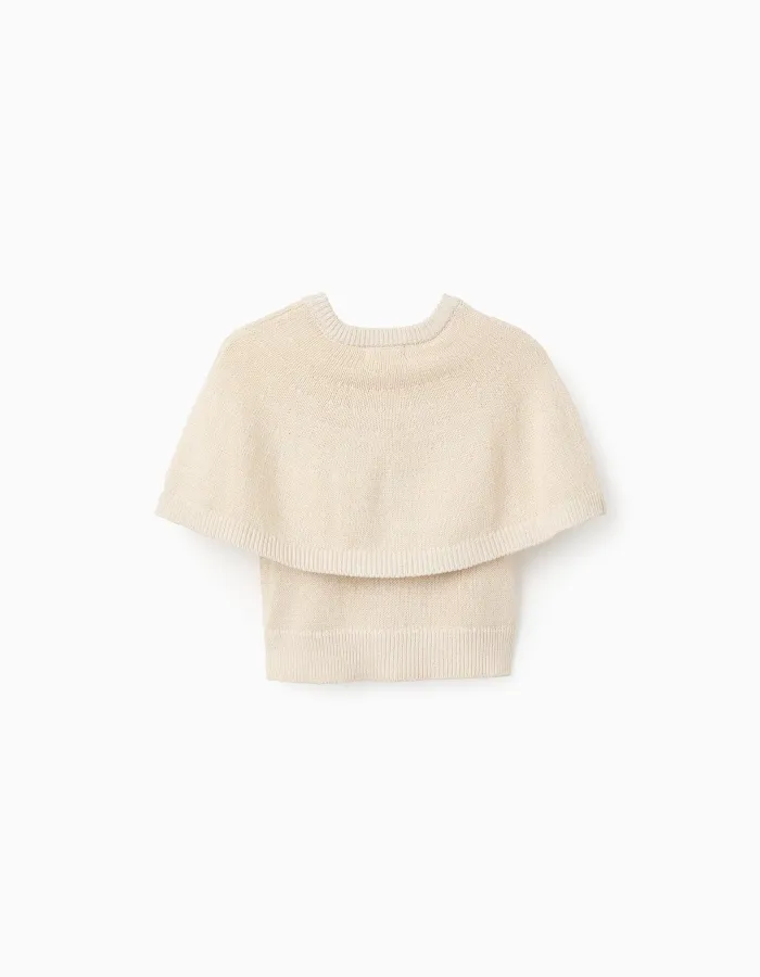 Knitted cardigan with cape sleeves and lurex for girls, beige