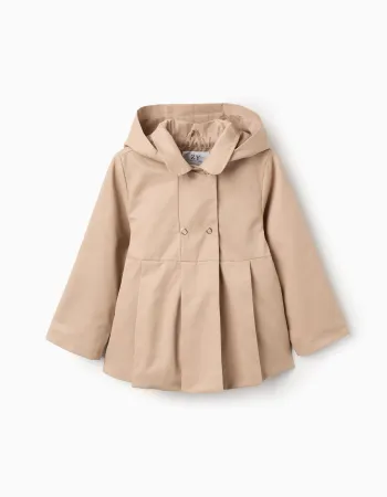 Parka with pleats and removable hood for girls, beige