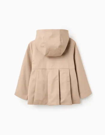 Parka with pleats and removable hood for girls, beige