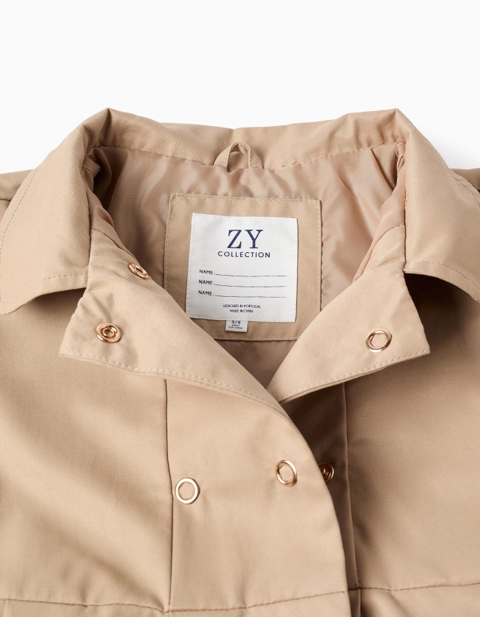 Parka with pleats and removable hood for girls, beige