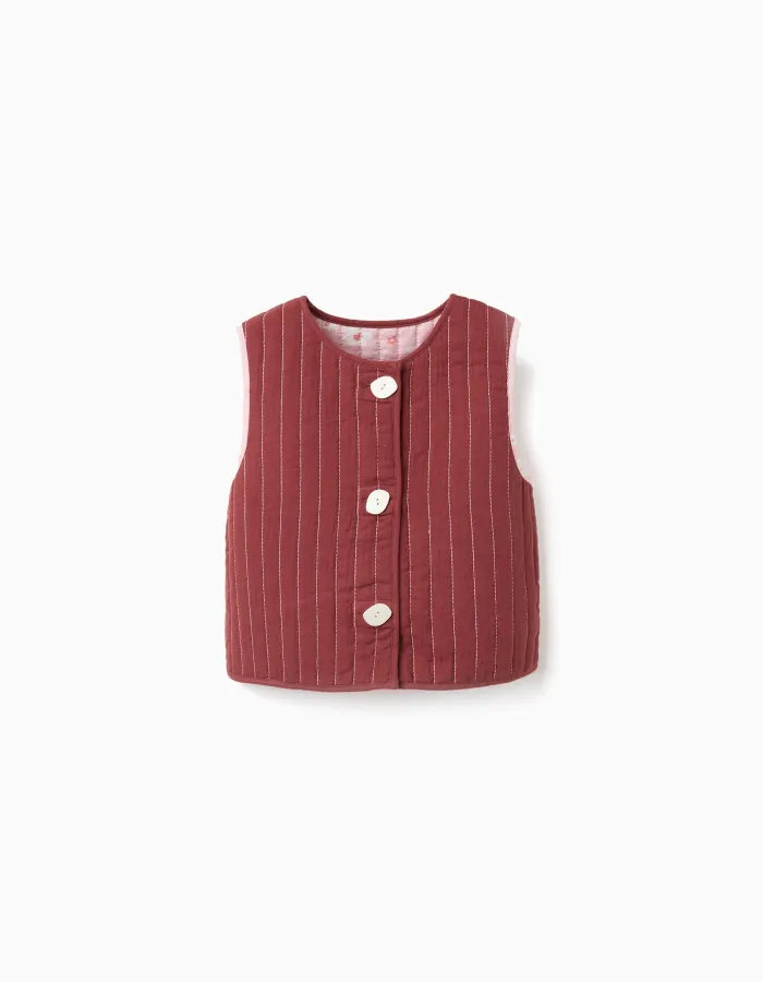Padded reversible vest with floral motif for girls, pink/brown
