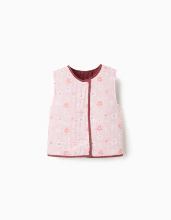 Padded reversible vest with floral motif for girls, pink/brown