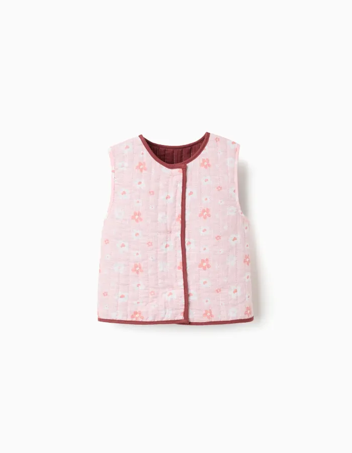 Padded reversible vest with floral motif for girls, pink/brown