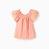 Cotton Swiss dot top with square neck for girls, salmon orange