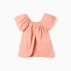 Cotton Swiss dot top with square neck for girls, salmon orange