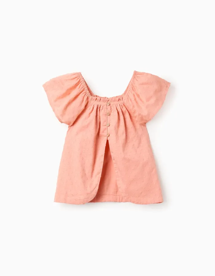 Cotton Swiss dot top with square neck for girls, salmon orange