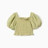 Cotton top in broderie anglaise with balloon sleeves for girls, green