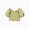 Cotton top in broderie anglaise with balloon sleeves for girls, green