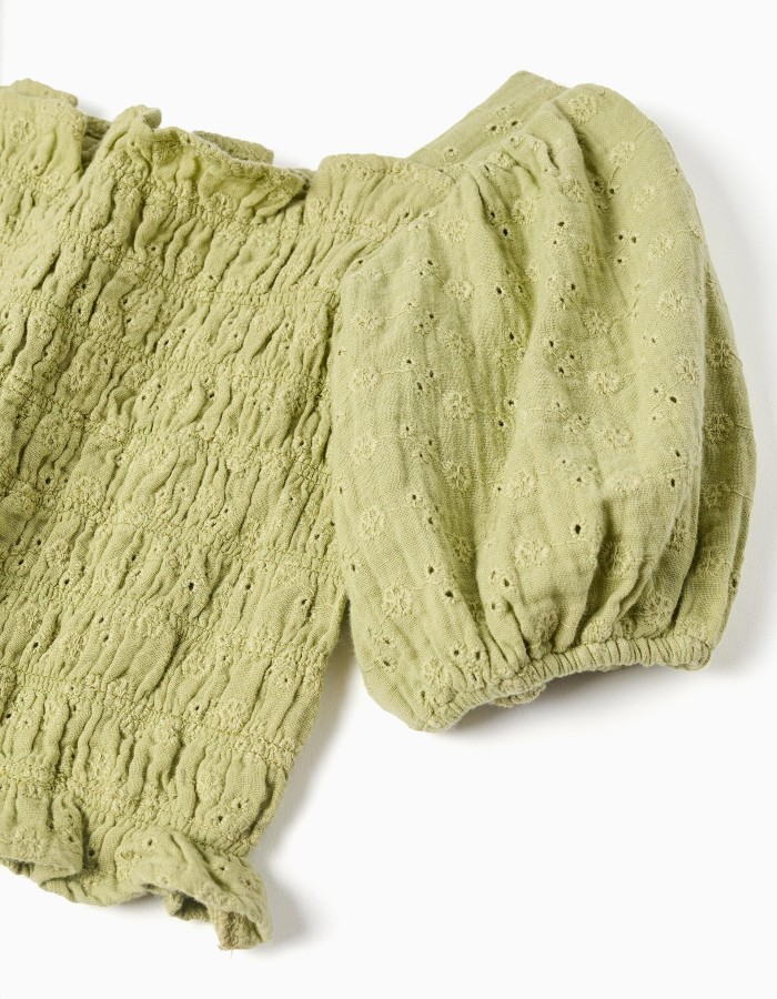 Cotton top in broderie anglaise with balloon sleeves for girls, green