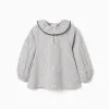 Striped cotton blouse with ruffled collar B&S for girls, white/grey